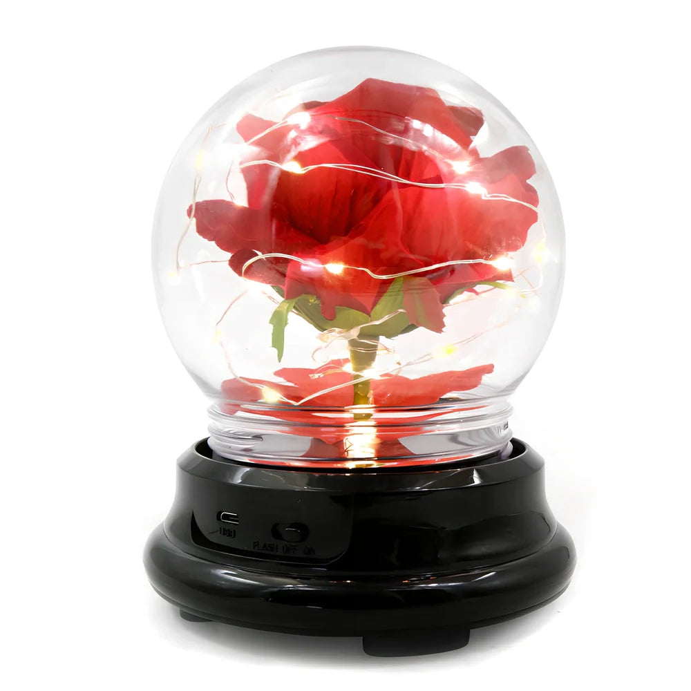 Handmade red velvet rose in eternal preservation inside 20 cm glass lantern with warm 300-lumen lamp for home decor