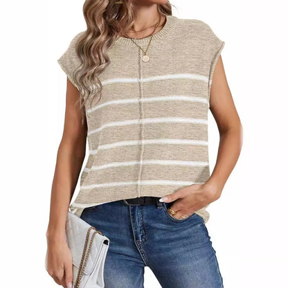 Women's striped sleeveless pullover top with bone stitching details in acrylic fabric, showing colour options and fit