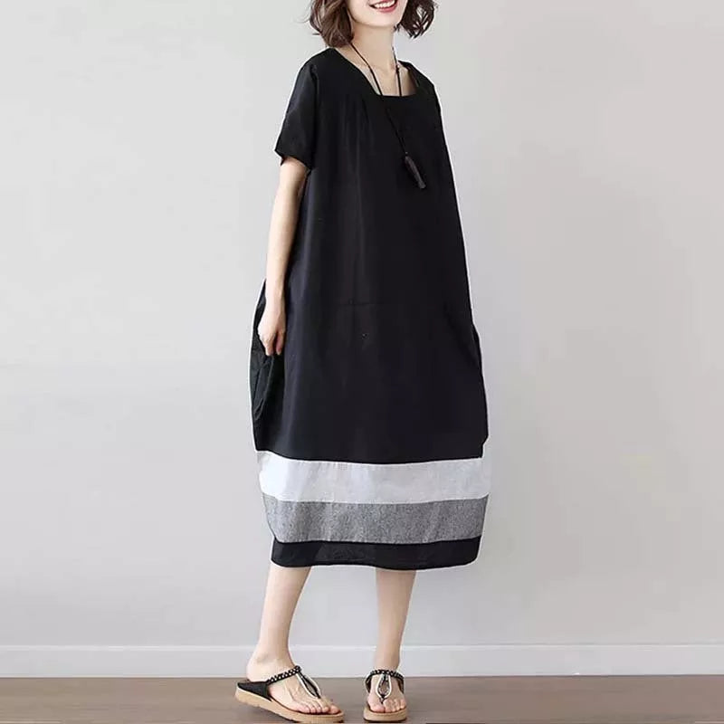Black linen short sleeve dress for women in large size, perfect for summer.