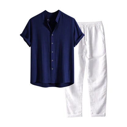 Men's loose fit short sleeve shirt and trousers casual suit set in various colours