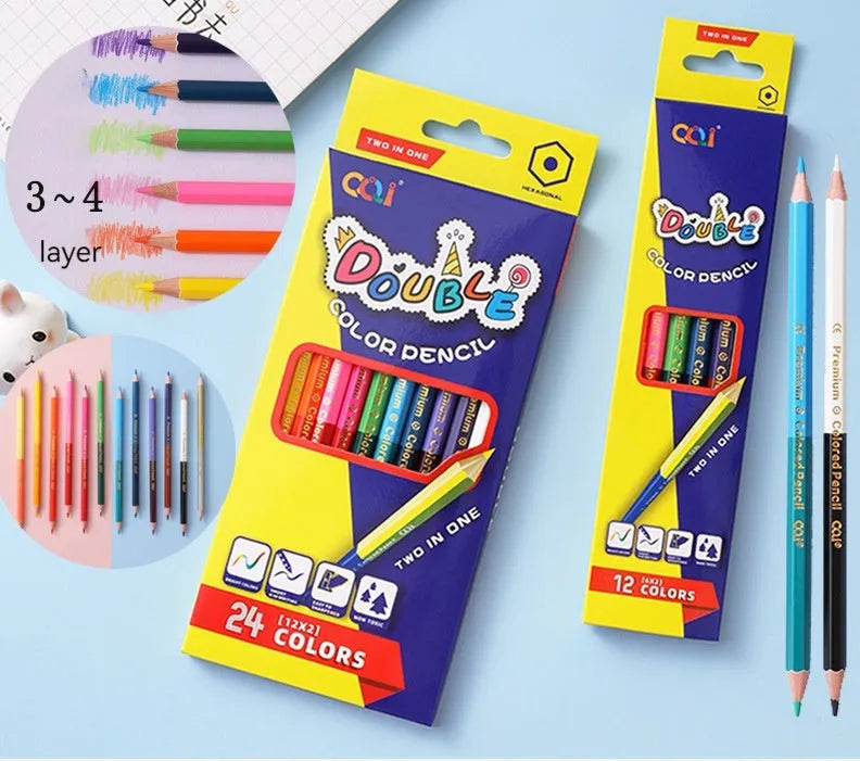 Colour pencil set with double-headed brush design showing wooden pencils in 12 or 24 colour options