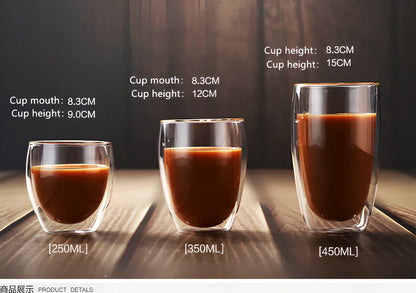 Clear double-layer glass coffee cup with Chinese-style design showing insulating air gap between walls
