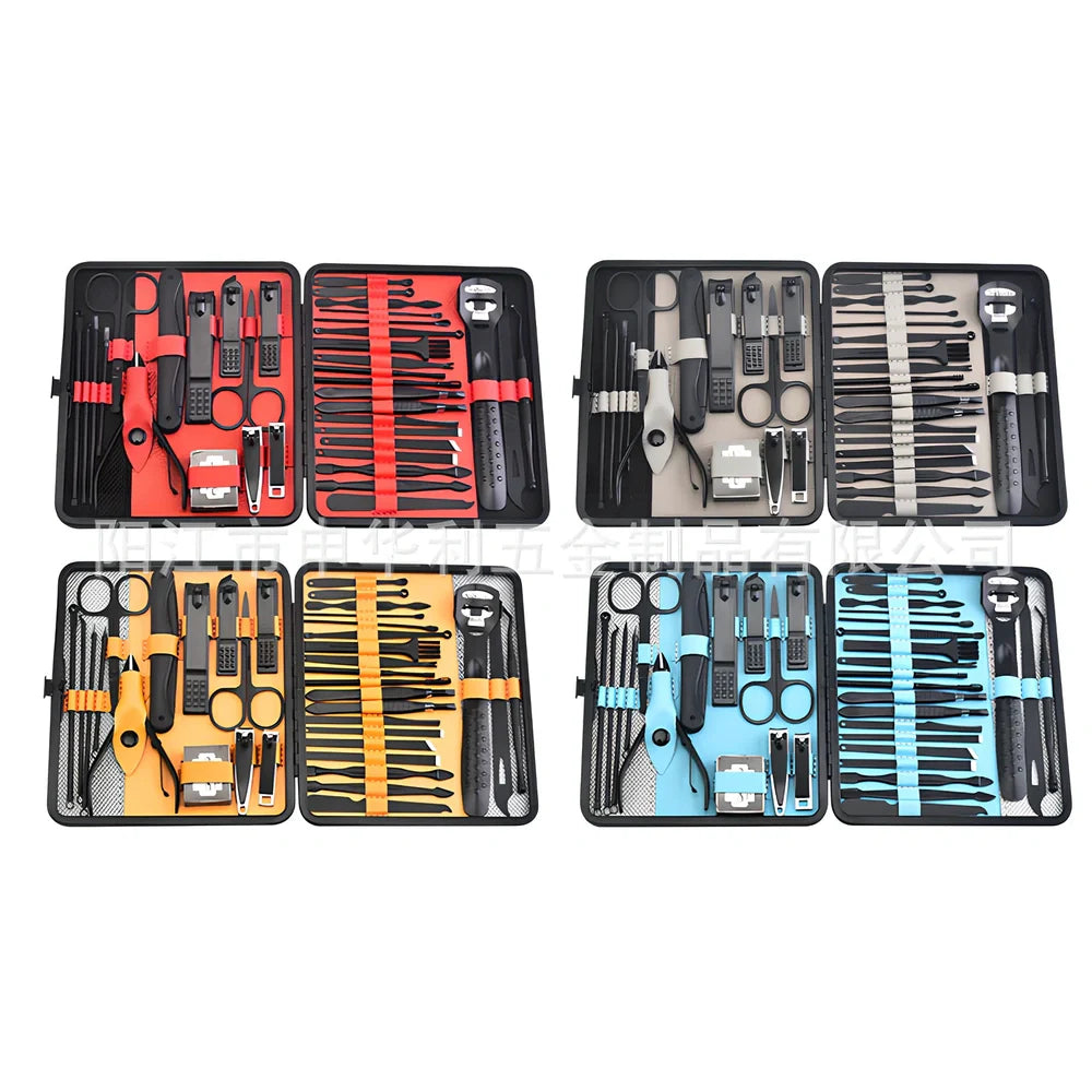 Beauty manicure nail care kit with stainless steel tools in red PU leather case weighing 397g