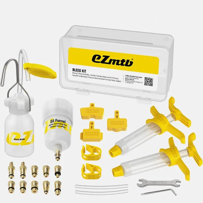 Bicycle brake bleed kit with metal fittings, syringes, and adapters for AVID, SHIMANO, MAGURA brands