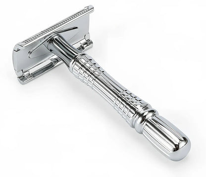 Silver grey safety razor with platinum plating and textured ABS handle in storage box