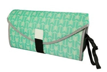 Portable and Waterproof Baby Changing Pad in various color designs, featuring a compact folded size and generous expanded size for comfortable diaper changes