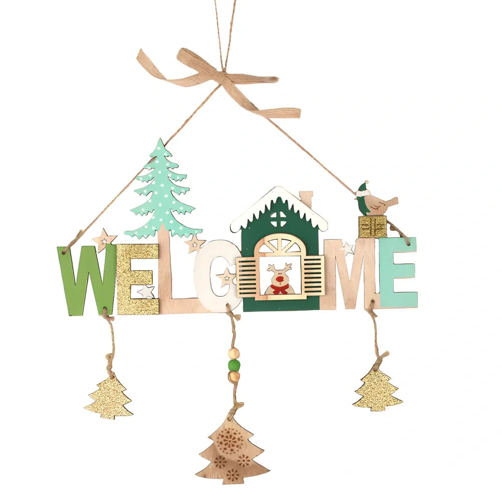 Wooden Christmas ornaments showing old man, snowman and elk designs with 43cm length