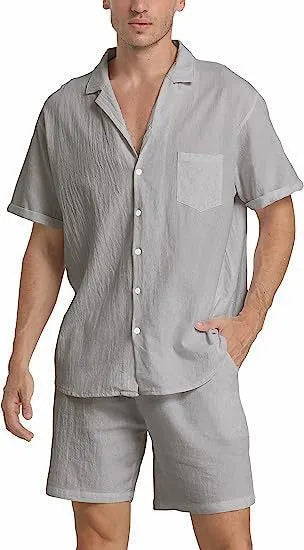 Men's light grey flax linen short-sleeved top and shorts summer sports suit