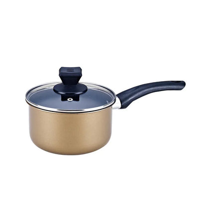 Cast iron three-piece cookware set showing a soup pot, milk pot, and wok with non-stick coating.