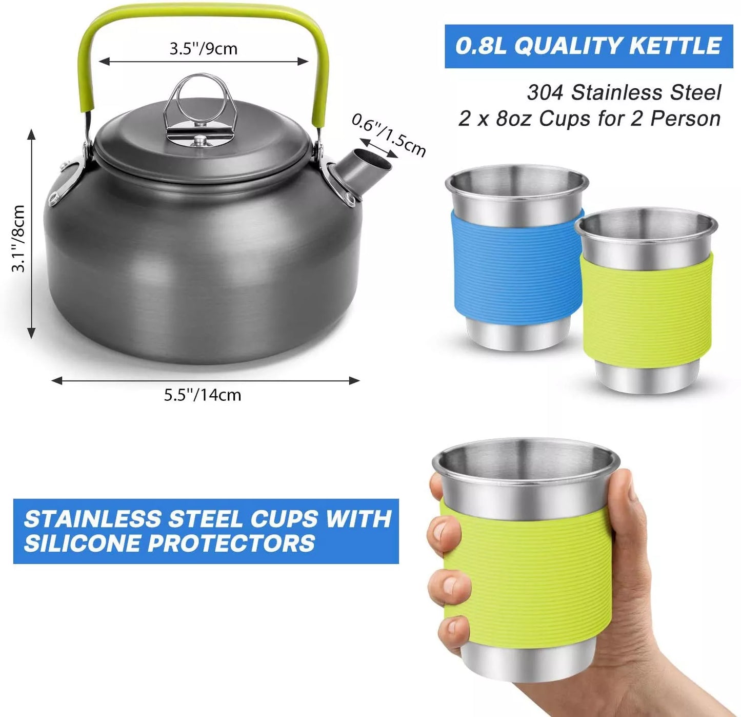 Camping cooker set with teapot, frying pan, and stainless steel utensils for outdoor dining
