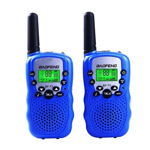 Two children's handheld walkie talkies in bright colours showing channel selector and antenna.