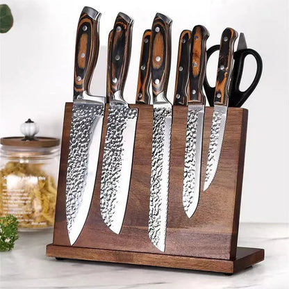 Solid wood magnetic knife holder in natural wood colour, wall mounted kitchen storage rack for knives