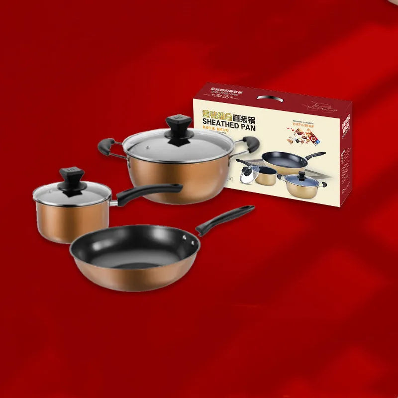 Cast iron three-piece cookware set showing a soup pot, milk pot, and wok with non-stick coating.