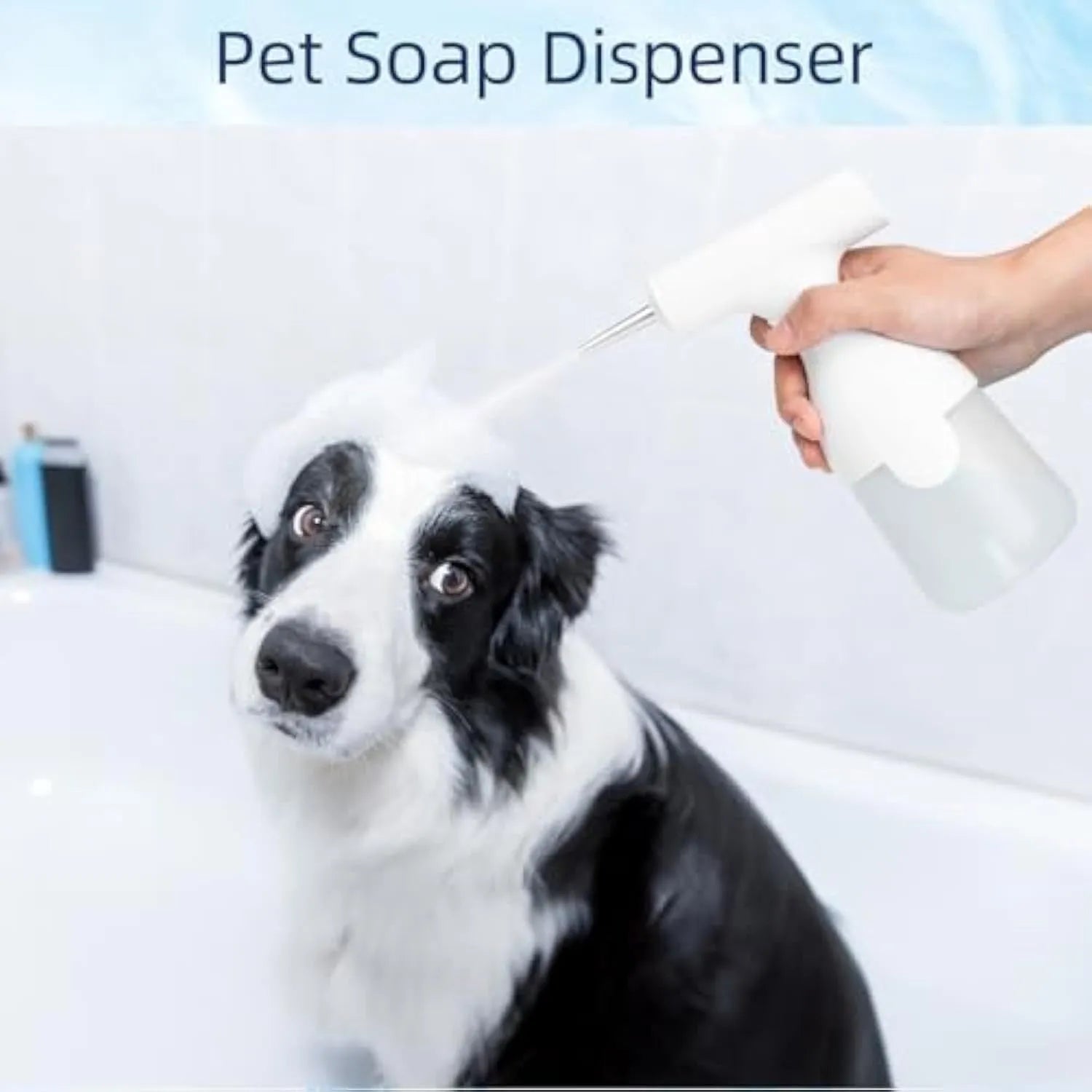 White electric foam soap dispenser with rechargeable battery and two nozzles for pet and home cleaning
