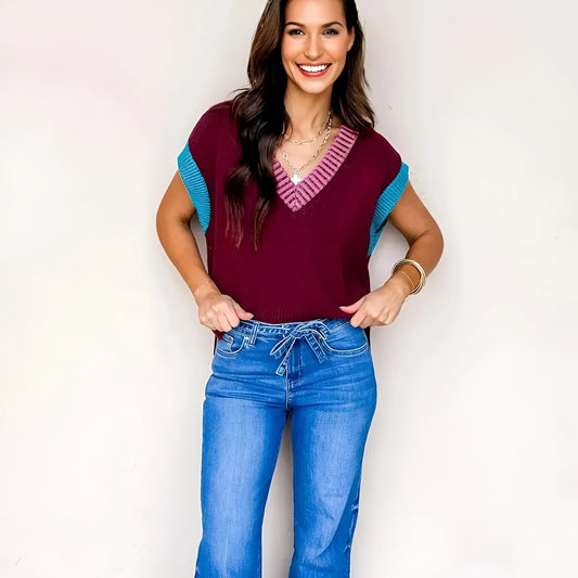 Burgundy women's V-neck loose sweater with contrast trim and cuffed short sleeves