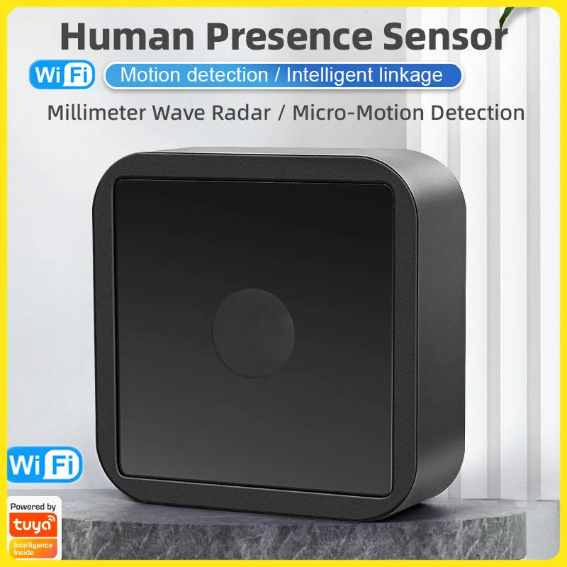 Black 24G millimeter wave human presence sensor, 10x10x4cm, Wi-Fi ZigBee, USB powered smart home detector