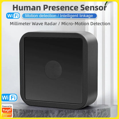 Black 24G millimeter wave human presence sensor, 10x10x4cm, Wi-Fi ZigBee, USB powered smart home detector