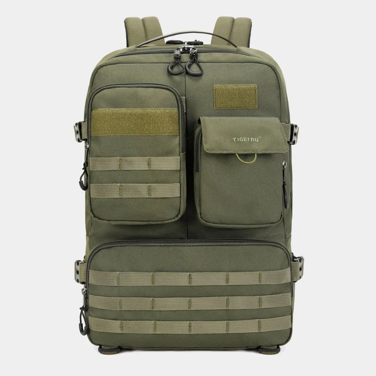 Army green tactical backpack showing 17-inch size with waterproof nylon construction