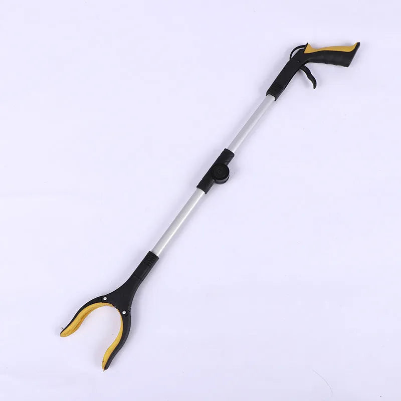 Foldable aluminium garbage clamp with extended pole and magnet sucker on blue handle.