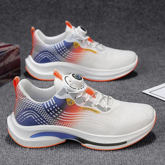 Men's white and blue mesh sneakers with rotating buckle closure and rubber soles