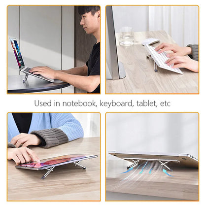 Silver aluminium laptop cooling bracket with adjustable height on wooden desk