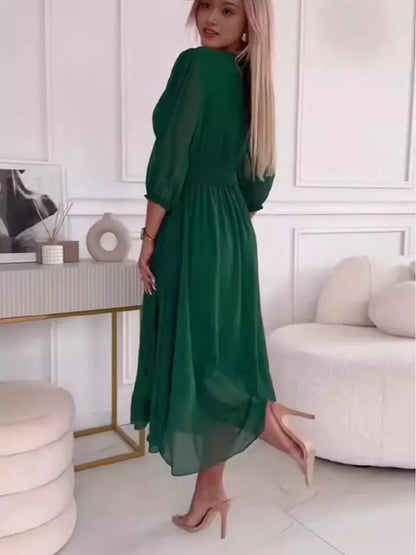 V-neck waist-tight long sleeve chiffon dress for women in green, blue, black, and rose red