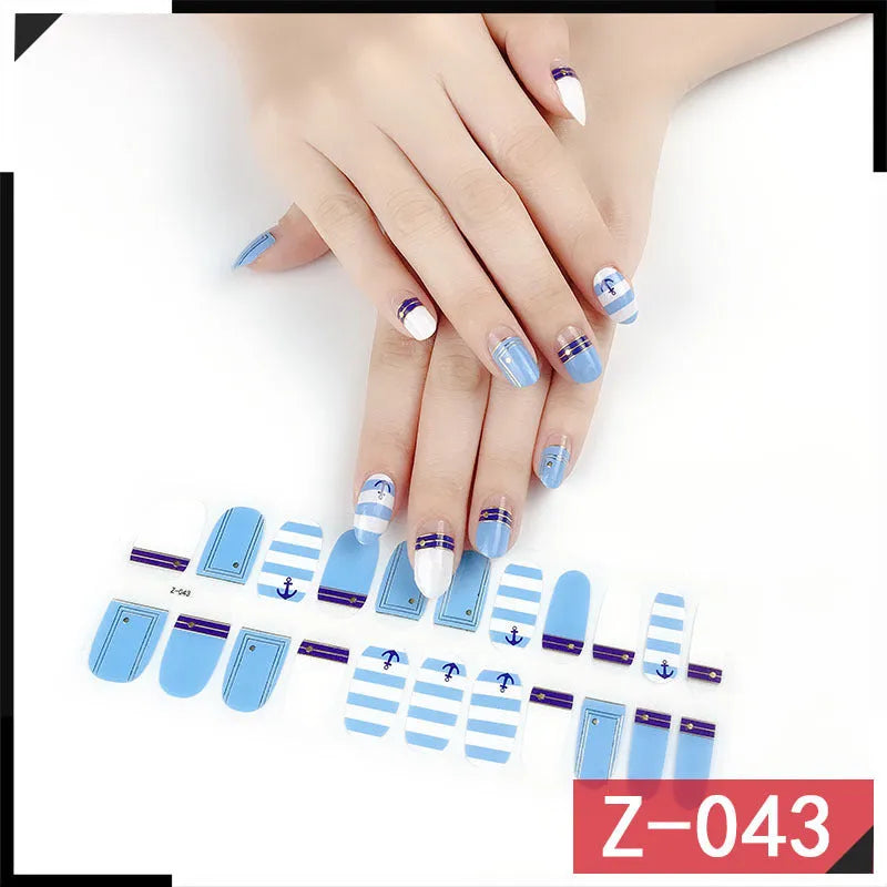 Korean nail stickers sheet with 22 pieces including nail file for DIY manicure, featuring cartoon, strawberry, flower, shell, peach, bow, chain, embossed and water drop patterns in various colours, ideal for bare clip nail loss styling.