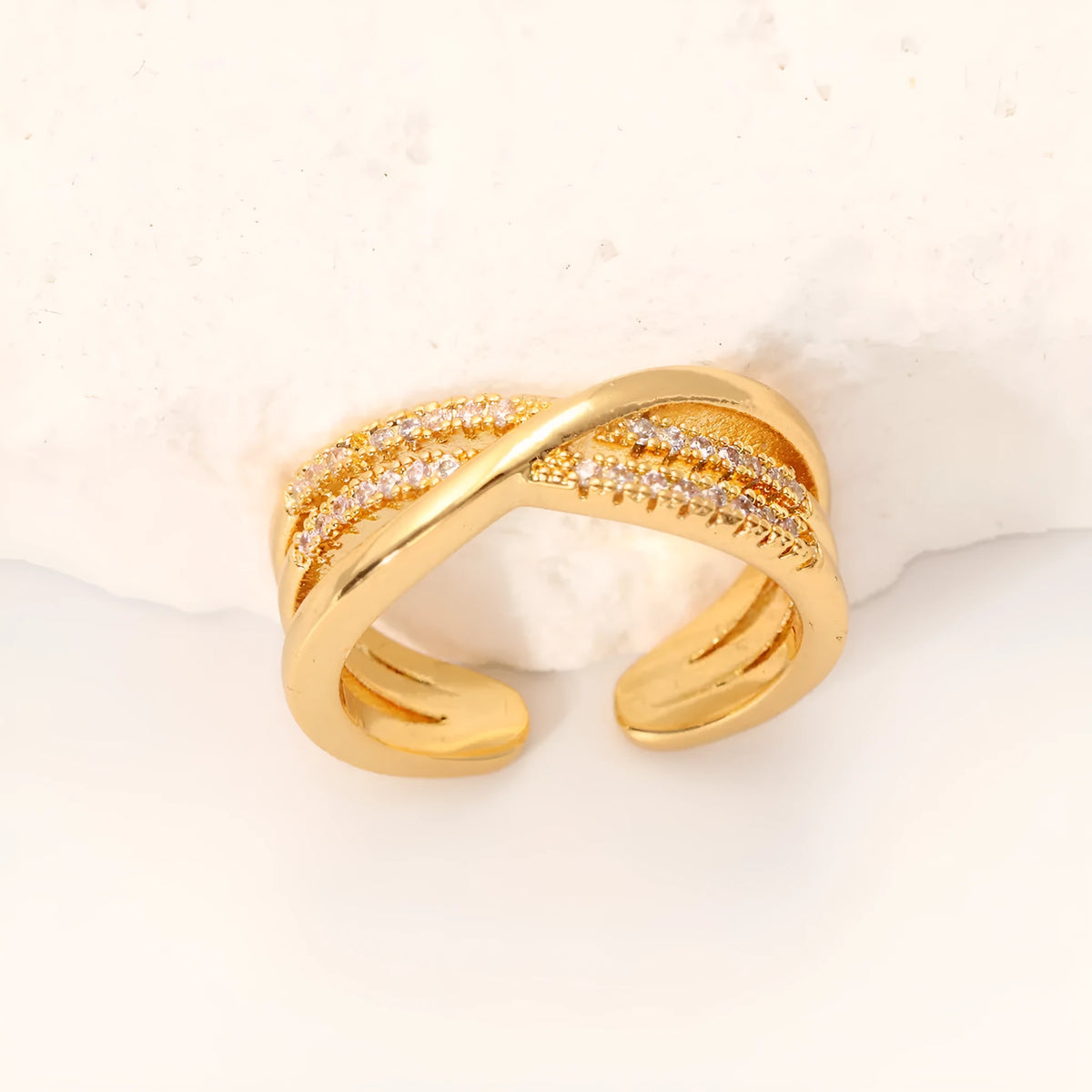 Women's gold electroplated open ring with copper base and geometric line design, single ring