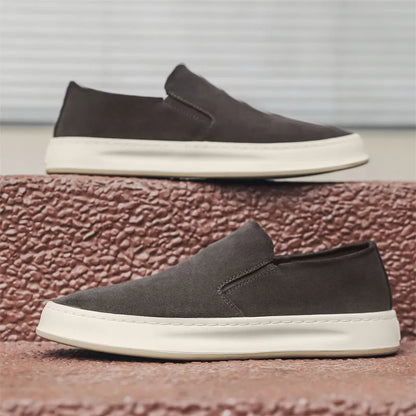 Men's casual shoes with round toe design and mid-heel height in grey and apricot colour options
