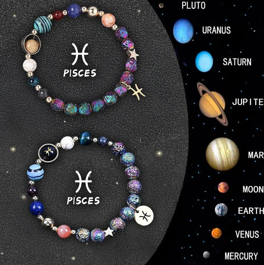 Adjustable natural stone zodiac beaded bracelet showing twelve different sign styles with 8mm beads