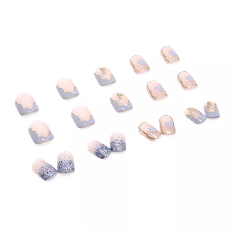 Nude short square fake nails with R593 elegant cream glue, 24 pieces per box