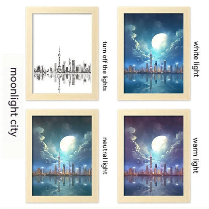 USB-powered LED picture frame night light displaying landscape artwork in modern plastic frame