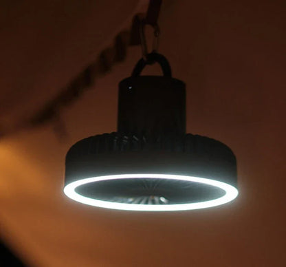 Versatile USB Rechargeable Camping Fan with Tripod Stand and Lantern, offering a premium aluminum alloy construction, 3-in-1 design, and powerful brushless motor for a refreshing outdoor experience.