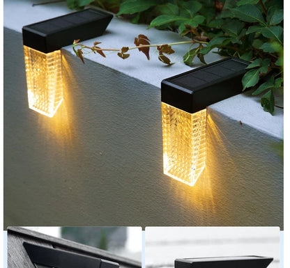 Solar-powered outdoor stair lights with warm and color-changing illumination, suitable for decks, fences, and yards