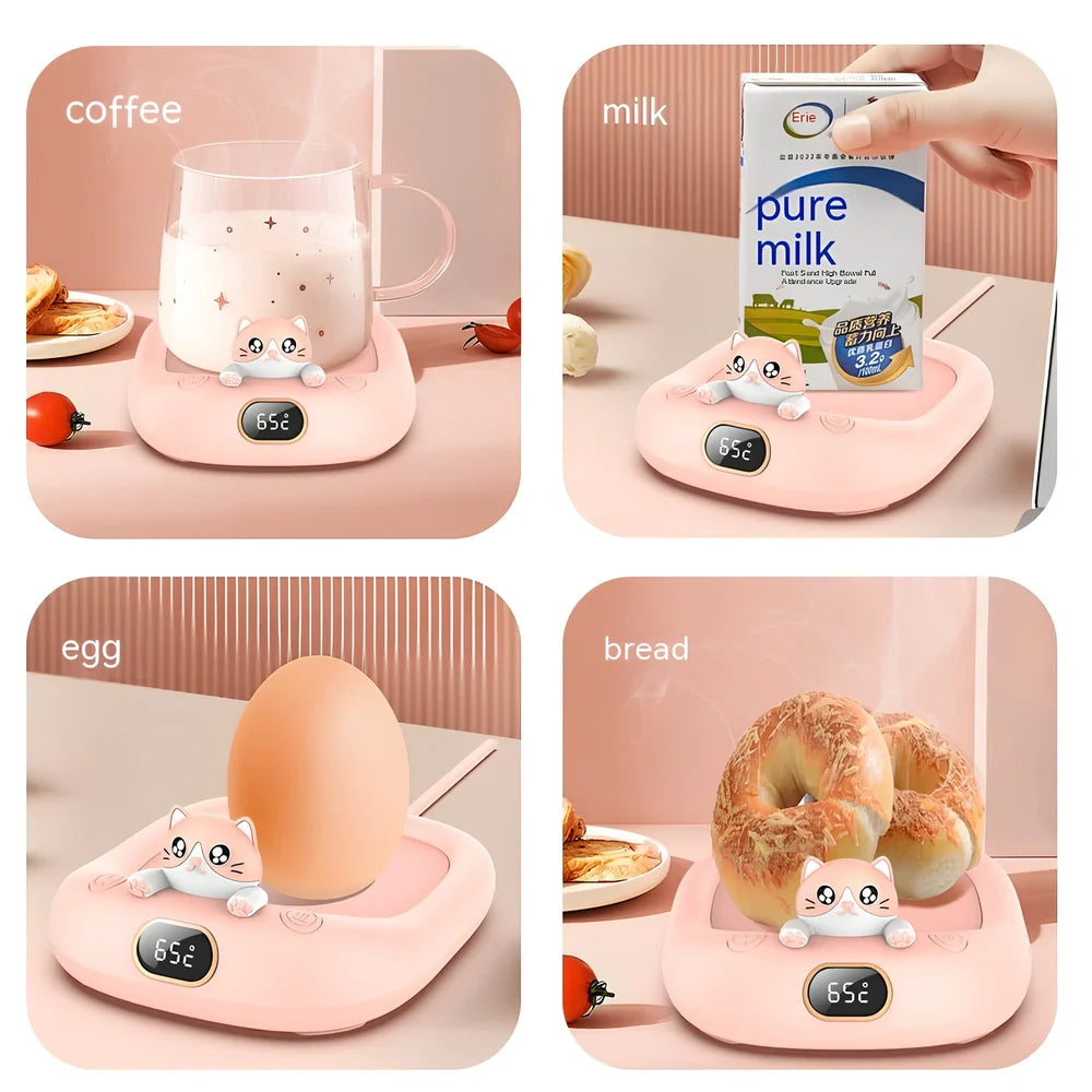 Pink ABS plastic cup warming holder with electroplated metal heating surface measuring 136x116x55mm