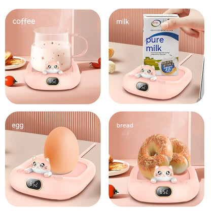 Pink ABS plastic cup warming holder with electroplated metal heating surface measuring 136x116x55mm