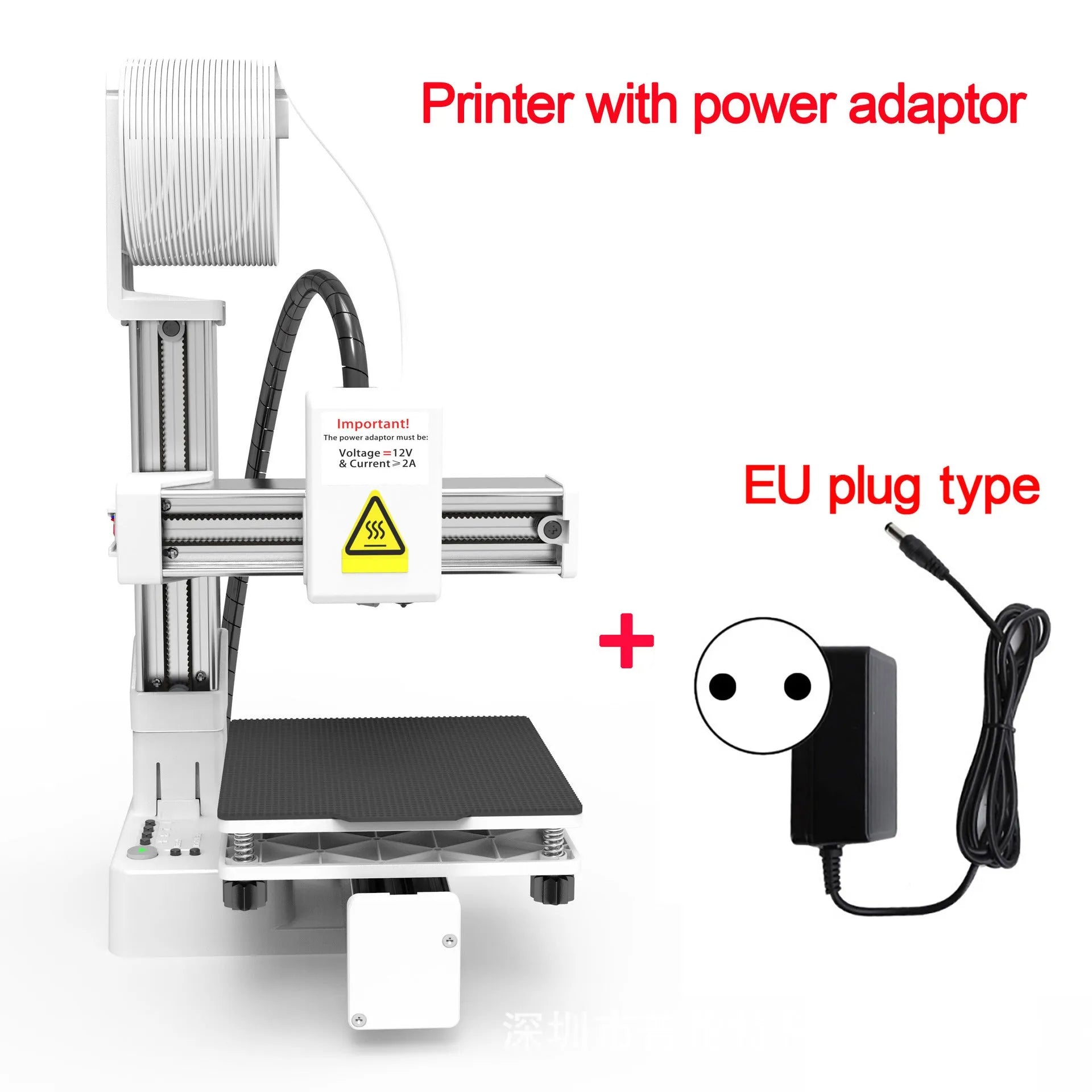White EasyThreed K10 3D printer on a desktop with power cord and instruction manual