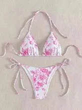 Halter neck lace-up bikini set with floral ink print, polyester lining, in black, light blue or pink