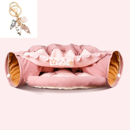 Collapsible cat tunnel in cloth material showing Bar, Coffee, Matcha and Pink colour options