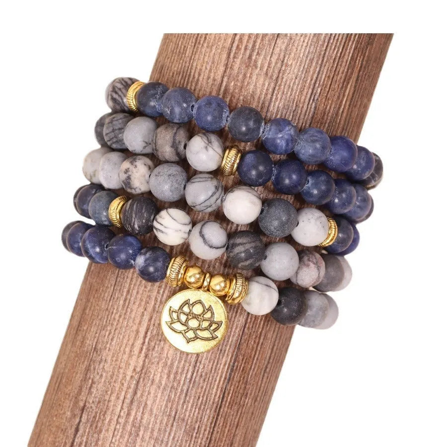Blue patterned network stone bead multi-layer bracelet with alloy construction in natural style