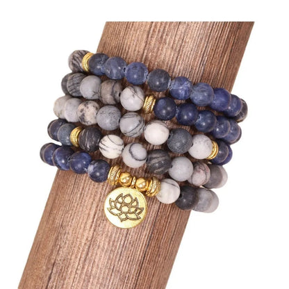 Blue patterned network stone bead multi-layer bracelet with alloy construction in natural style
