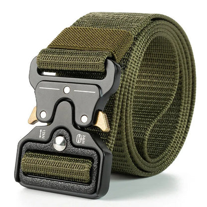 Men's thick canvas tactical belt with an alloy release buckle, shown in Army Green colour.