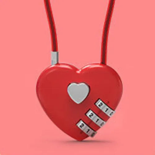 Peach heart-shaped ABS plastic bicycle helmet lock with a long steel cable, shown in various colours.