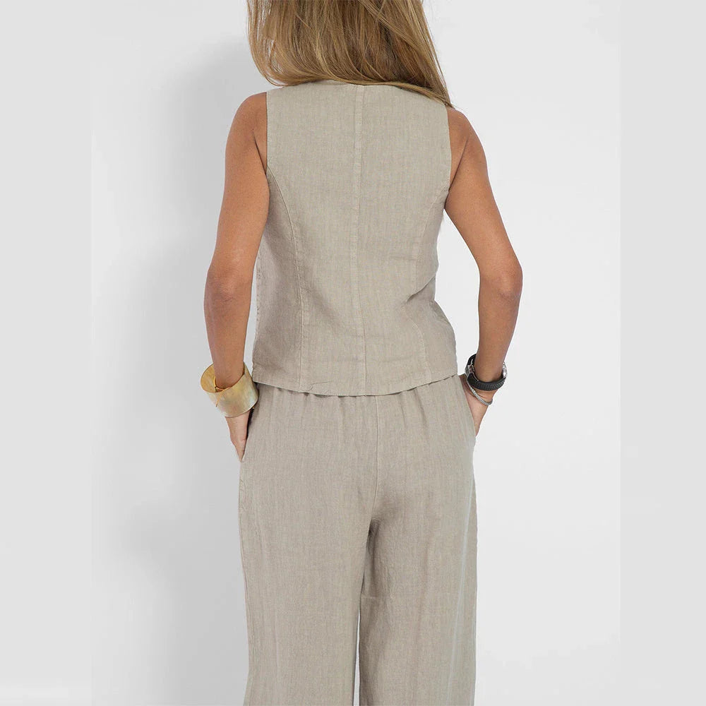 Stylish women's summer vest outfit with V-neck, sleeveless top, and loose straight trousers in a variety of colors
