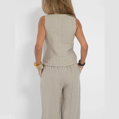 Stylish women's summer vest outfit with V-neck, sleeveless top, and loose straight trousers in a variety of colors