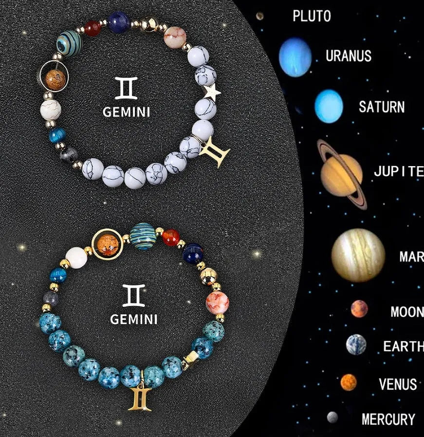 Twelve Zodiac Sign beaded bracelet set with natural stone beads and silver charms on adjustable chain