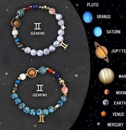 Twelve Zodiac Sign beaded bracelet set with natural stone beads and silver charms on adjustable chain