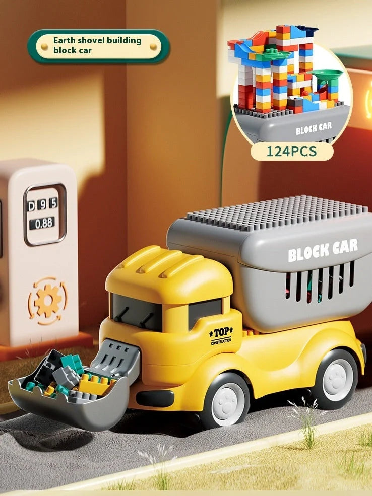 Large particle dinosaur building blocks on wheels for 4-6 year old children with complete vehicle assembly