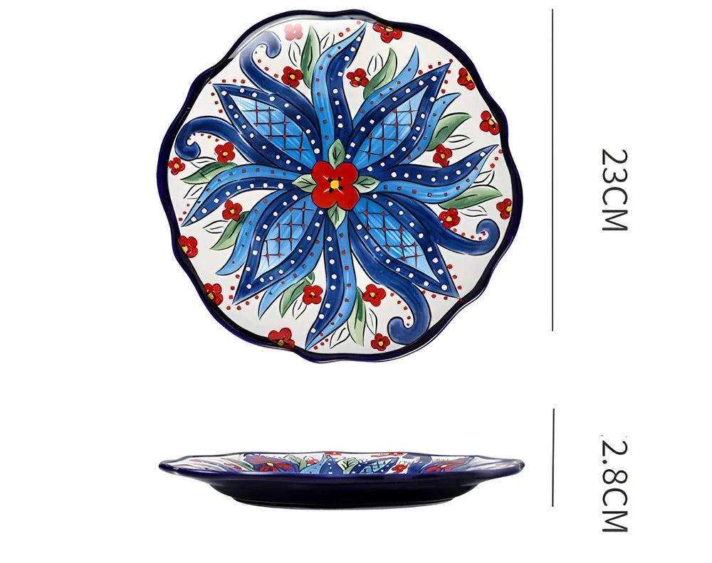 Underglaze ceramic bowl with Bohemian floral pattern in blue mandarin duck design, 8 inch diameter