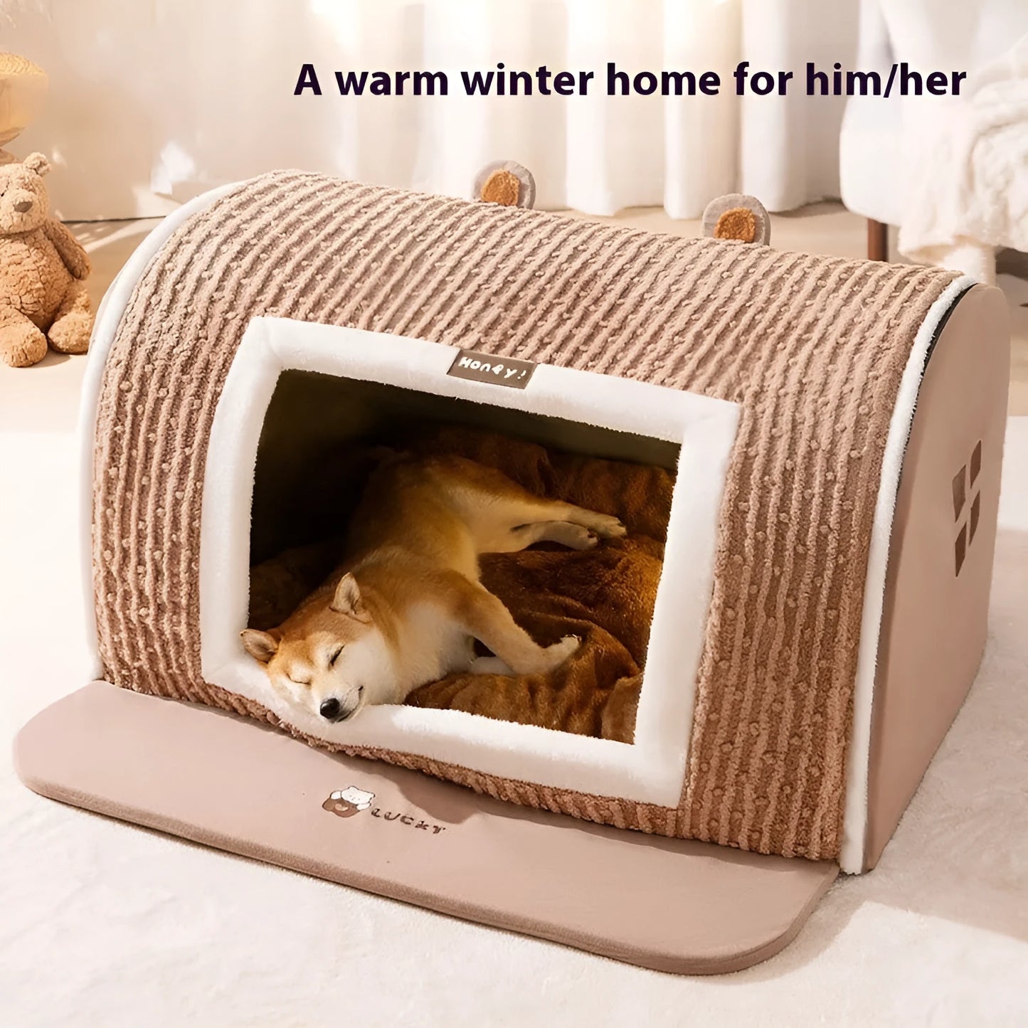 Brown bear arc dog bed with raised sides, velvet fabric, for small dog sleeping.